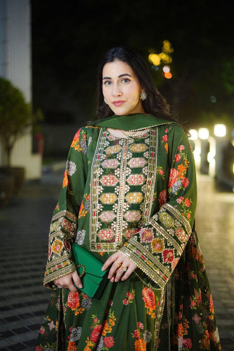 Aneelas Luxury Silk Dress Embroidered 3 Piece Unstitched (Green) Complete Patches