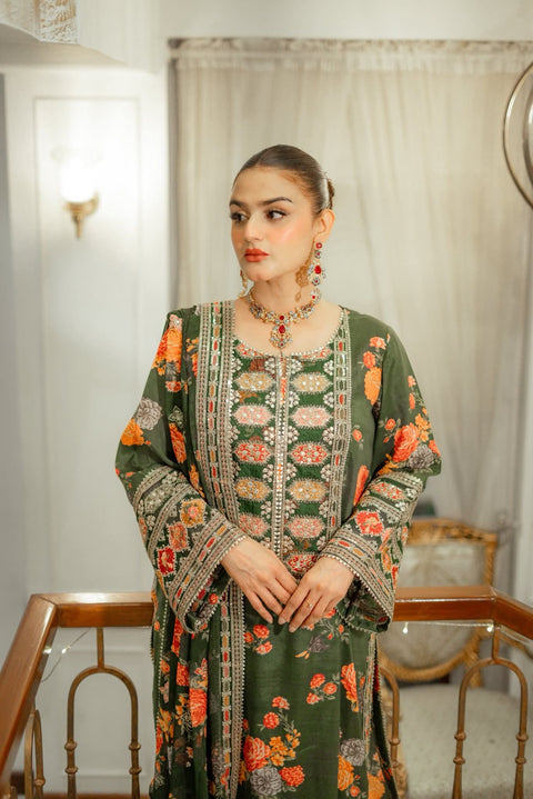 Aneelas Luxury Silk Dress Embroidered 3 Piece Unstitched (Green) Complete Patches