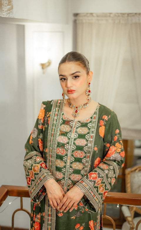 Aneelas Luxury Silk Dress Embroidered 3 Piece Unstitched (Green) Complete Patches